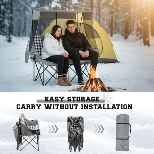 Heated Double Camping Chair with Canopy, Padded Loveseat 660lbs Folding Portable Chair with Pocket for Adult Outdoor Lawn,...