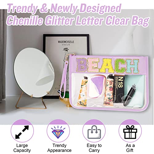 Chenille Letter Clear Bag Beach Purse with Wristlet, Monogram PVC & PU Clear Zipper Pouch, Waterproof Portable Glitter Sna...