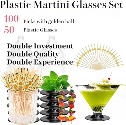 ZERUIDM 50 Clear Disposable Plastic Martini Glasses for Parties 5oz, with 100 Cocktail Picks Bundle, Martini Cups for Wine...