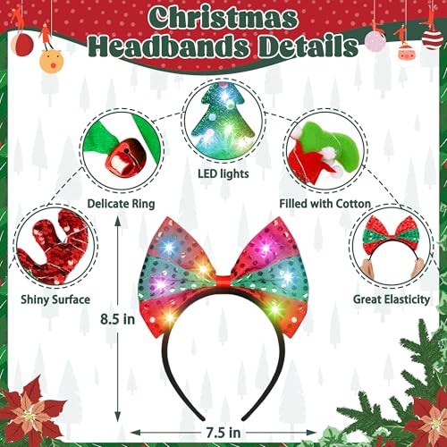 HOVACY Christmas Light Up Headband, Reindeer Antler Santa Hat Christmas Tree Hat Bow HairHoop Xmas Party Favors Decorations
