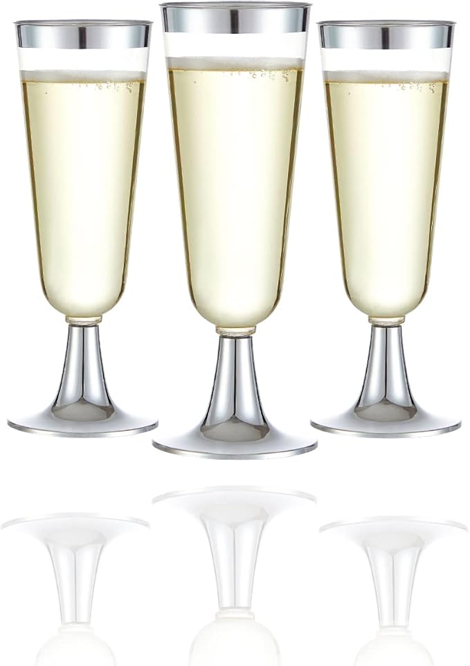 N9R 24pcs Plastic Champagne Flutes with Silver Rim, Clear Disposable Champagne Glasses 5 Oz, Perfect for Wedding and Party...