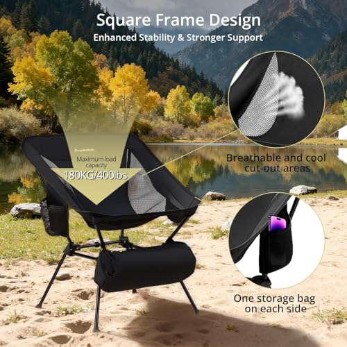 Anbte Extra Height & Width Portable Camping Chair, 400LBS Capacity Compact Folding Chair with Square Frame Quick Setup Sto...
