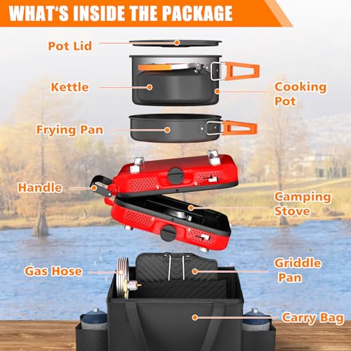 Hisencn Camping Stove,2 Burner Propane Stove,20000 BTU/h Camping Cooking set Includes Frying Pan,Kettle and Pot,Adjustable...