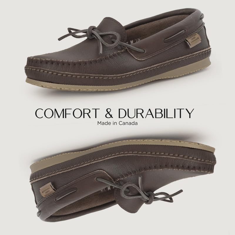 Laurentian Chief Moccasin Slippers for Men with Single Lacing, 8 Hole Collar and Padded Indian Rubber Sole, Canada Qualit...