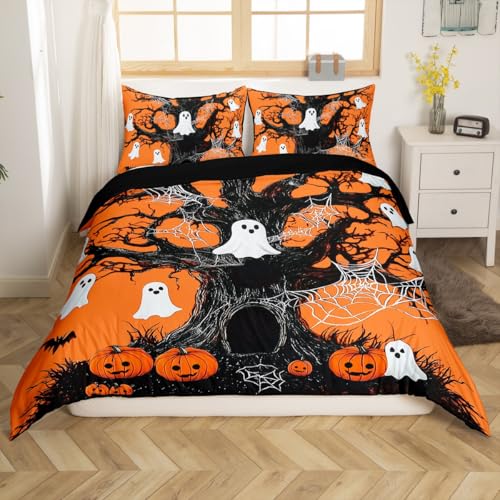 Ghost Spider Queen Duvet Cover,Halloween Pumpkin Lantern Bedding Set for Boys Girls Kids Happy Halloween Gothic Style Comforter Cover Halloween Decorations Bedspread Cover Trick or Treat Bedding