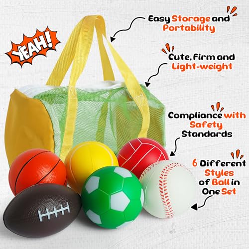 Billeeit Mini Sports Balls Set for Toddler 1-3, Sports Bag for Kids, Include 1 Each of 3.5" Foam Soccer, Tennis Ball, Bask...