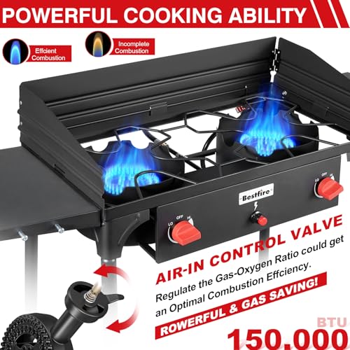 Bestfire 2 Burner Camping Stove with Windpanel& Side Shelves, Bag, Auto Ignition Button,Regulator,150,000 BTU Camping Stov...
