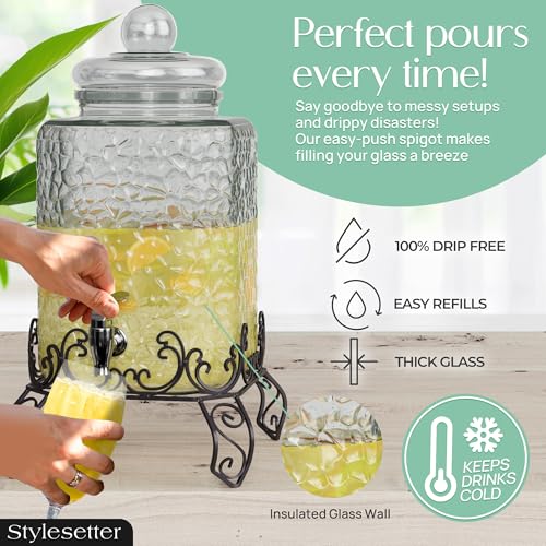 Style Setter Homestead Beverage Dispenser Cold Drink Dispenser w/ 2.5-Gallon Capacity Glass Jug, Metal Rack & Leak Proof A...