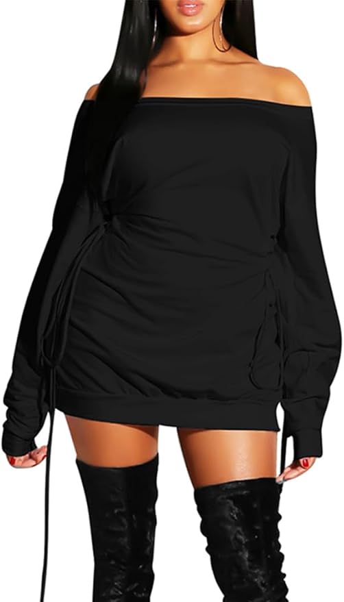 GOKATOSAU Women's Sexy Casual Off Shoulder Long Sleeve Lace Up Loose Club Mini Dress