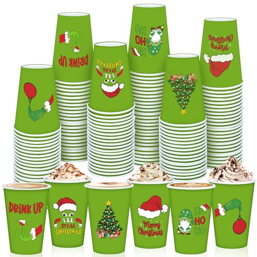 120 Pcs Merry Christmas Coffee Cups - Stink Stank Stunk Santa Hat Green 12 oz Disposable Hot Cocoa Coffee Paper Cup Bulk X...