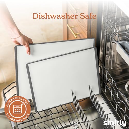 SMIRLY Plastic Cutting Board Set with Holder 3 Pieces, Non-Slip Dishwasher Safe Chopping Boards for Kitchen, Grey & White