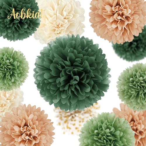 AOBKIAT Wedding Party Decorations Set,15PCS Green Tissue Paper Pom Poms,Dots Paper Garland String Hanging Backdrop for Eng...