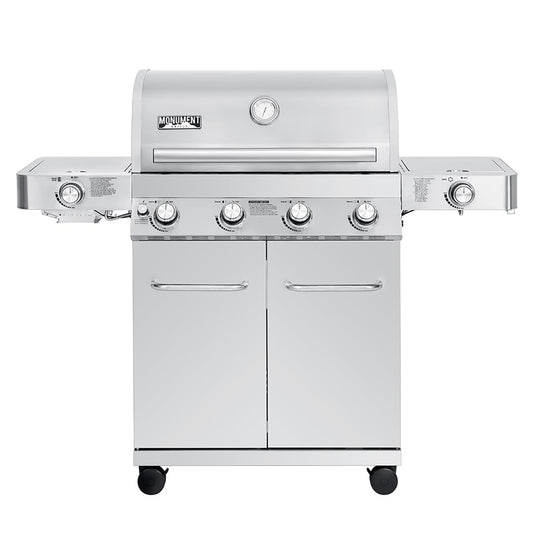 Monument Grills Larger 4+2 Burner Propane Gas Grills Stainless Steel Cabinet Style with Side & Side Sear Burners, Built-In Thermometer, and Knob Controls