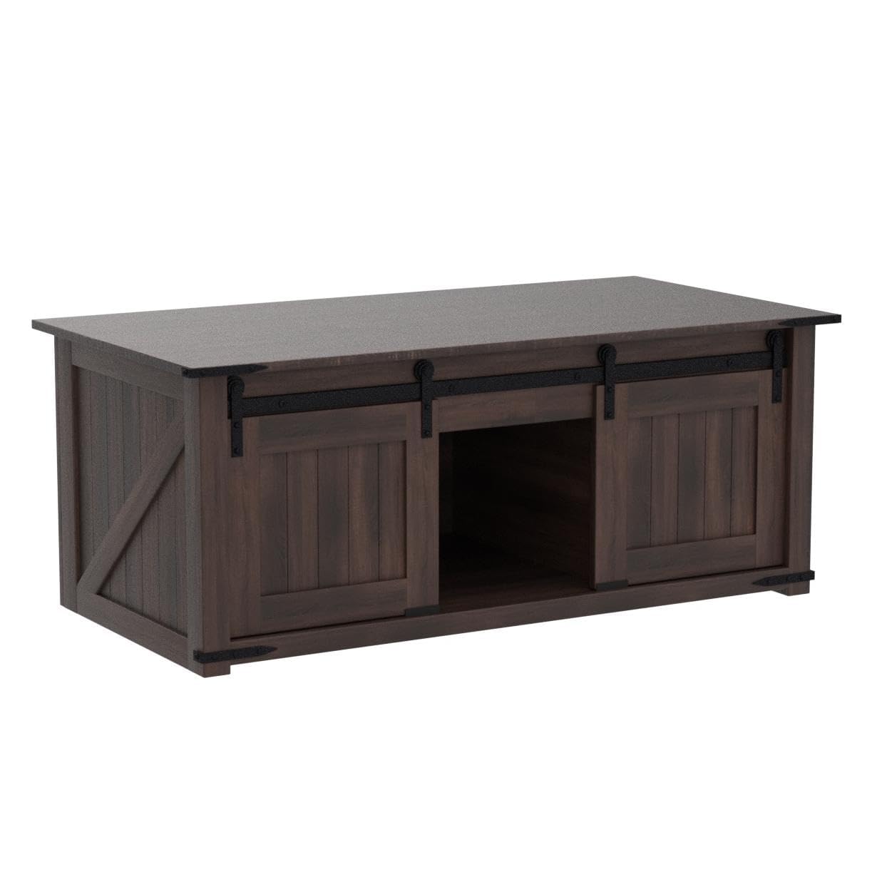 IFGET 48" Lift Top Coffee Table, Farmhouse Cocktai with Sliding Groove Barn Door, Rustic Wood Center Table w/Double Storage Spaces for Living Room, Brown