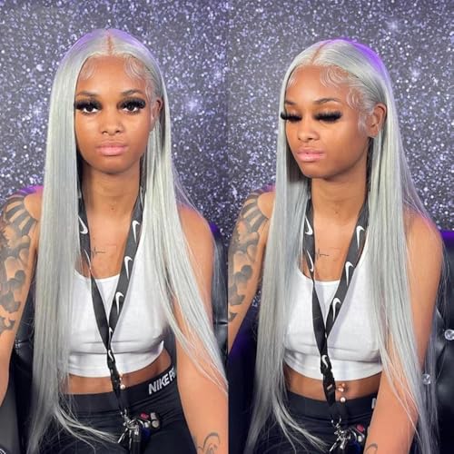 SOSEXY Grey Lace Front Wigs Straight 13x4 Lace Frontal Human Hair Wig 180% Density HD Transparent Lace with Baby Hair