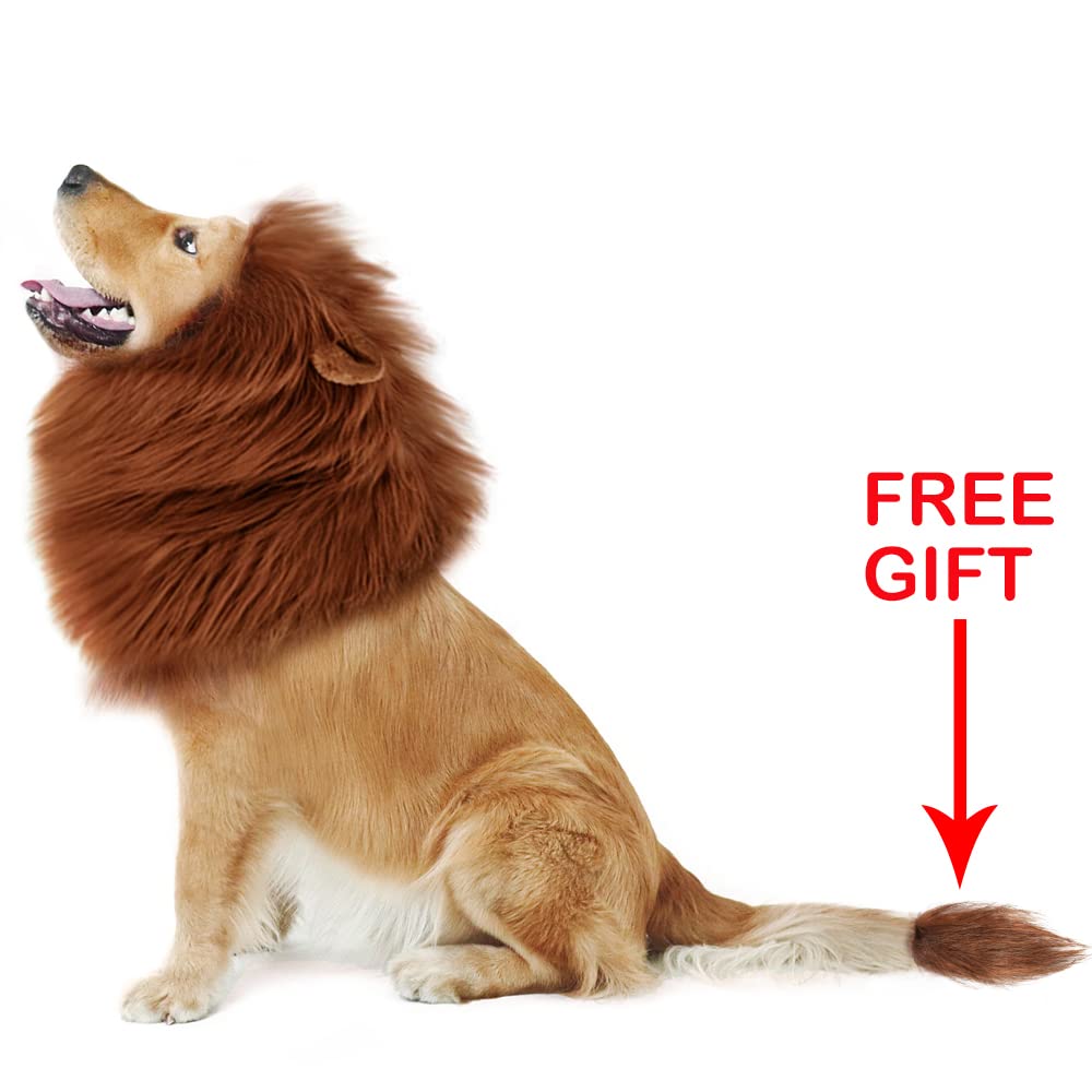 NEWBEA Lion Mane for Dog Costume, Dog Lion Mane, Realistic Funny Lion Wig for Medium to Large Sized Dogs, Halloween Fancy Dog Lion Costume (Dark Brown with Ear Tail)