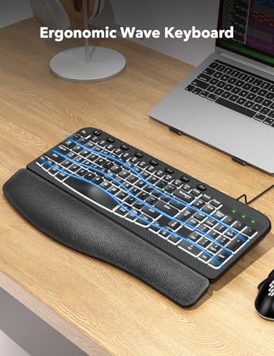 SABLUTE Ergonomic Keyboard, USB Wired with Cushioned Wrist & Palm Rest, 7-Color Backlit Adjustable Brightness for Windows,...