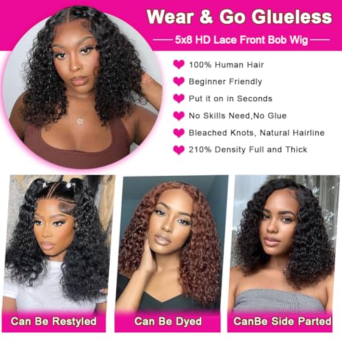 5x8 Bob Wig Human Hair Glueless Wigs Human Hair Pre Plucked Pre Cut Deep Wave HD Lace Closure Wigs Human Hair 210% Density Wear And Go Glueless Wig (16inch)