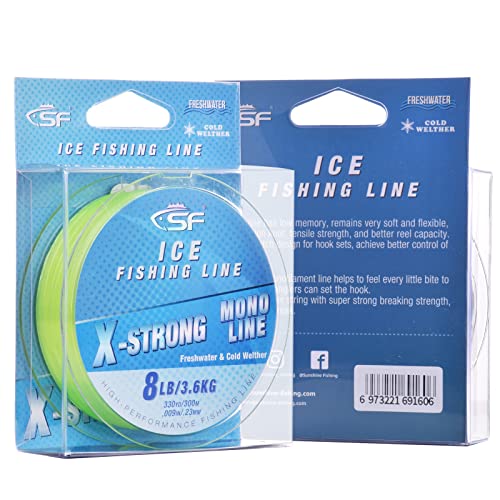SF X-Strong Monofilament Ice Fishing Line with Spool Mono Line 3/4/6/8LB 330YD/300M Clear/Fluor Green Fishing Wire Freshwater