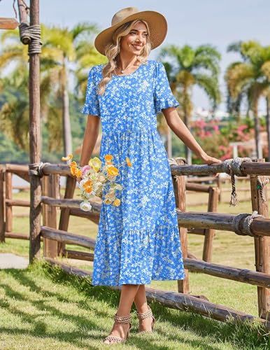 Zeagoo Womens Summer Dresses 2026 Casual Midi Dress Flowy Sundress Ruffle Short Sleeve Tiered Dresses A Line Boho Dress
