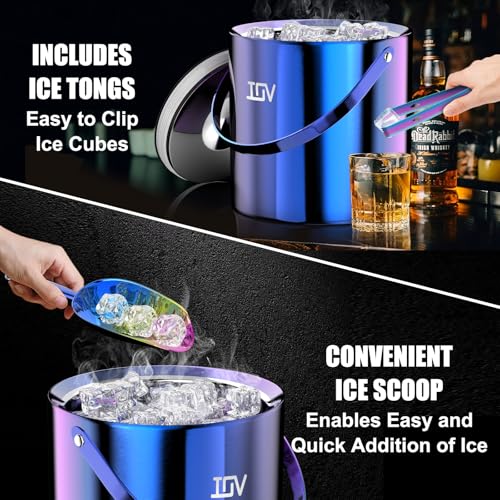 IOV Ice Bucket with Lid, Scoop, Tongs, and Strainer, 3 L Stainless Steel Double Wall Insulated Ice Bucket for Parties, Kee...