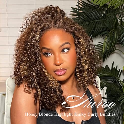 #P4/27 Highlight Kinky Curly Bundles Human Hair 10 12 14 In, Honey Blonde Highlight Brazilian Tight Curly Bundles Thick Track 12A 100% Virgin Ombre Brown Colored Human Hair 3 Bundles Remy Sew In