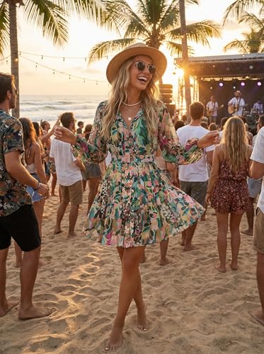 ZESICA Womens Spring Summer Floral Mini Dress Long Sleeve Button Chiffon A Line Swing Short Wedding Guest Party Dresses
