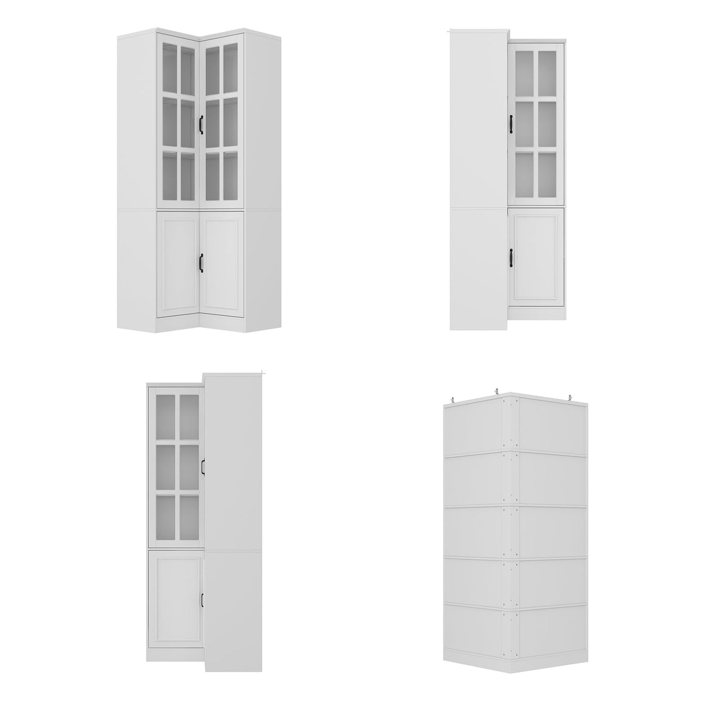 ROMSHINE Corner Bookshelf with Glass Doors, L-Shaped Bookcase with 5-Tier Shelf, 78.9" Tall Kitchen Corner Storage Cabinet, Grilles Glass Display Cabinet for Living Room Home Office, White