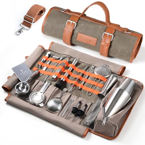 Etens Travel Bartender Kit – 22-Pc Bartending Kit with Bar Tools Bartender Accessories, Waxed Canvas Tool Bag – Profession...