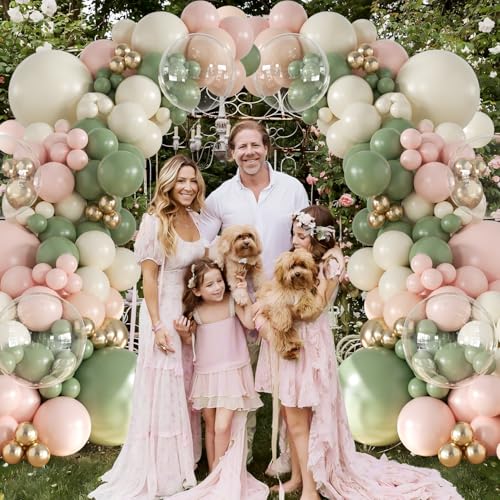 Sage Green Pink Gold Balloon Arch Kit 132Pcs Sage Green Pink Peach Ivory White Gold Clear Balloons for Boho Wildflower Bab...