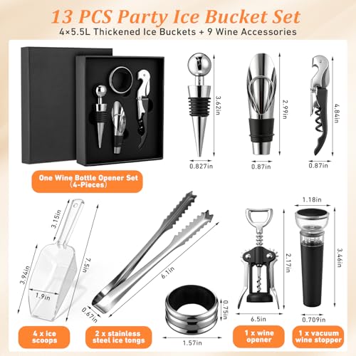 Yiyiring 4 Pcs Ice Buckets for Parties Large 5.5l Clear Beverage Tubs with Scoops, Tongs, Wine Opener, Vacuum Wine Stopper...
