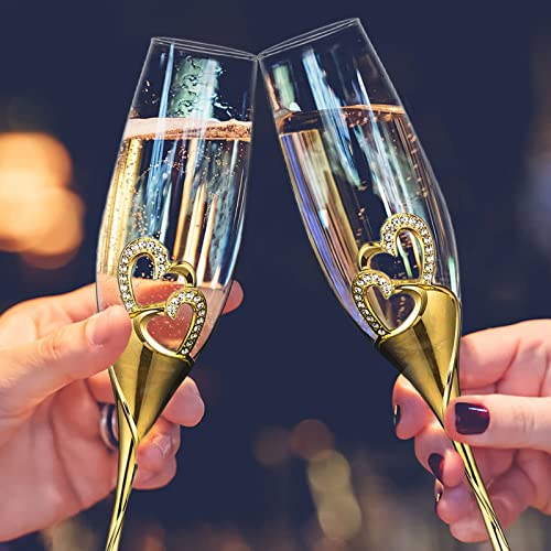 Wedding Champagne Glass Set Gold Toasting Flute Glasses Deluxe Pack of 2 with Rhinestone Rimmed Hearts Decoration for Wedd...