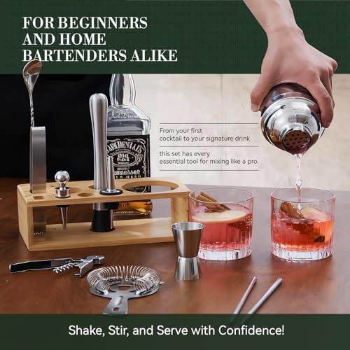 TNGO Cocktail Shaker Set - Mixology Bartender Kit with Sleek Stand - Premium Bar Tool Set All Bar Accessories Includes Mar...