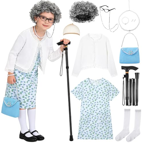 WooHand Old Lady Costume for Kids 100 Day of School Costume for Girls 100th Day of School Dress Up Grandma Wig Cane Outfit