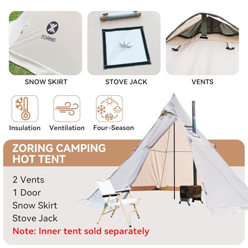 Zoring 4 Season 3-4 Person Hot Tent with Inner Tent for Camping, 8.2ft Standing Room, Snow Skirt, Cold Weather Shelter