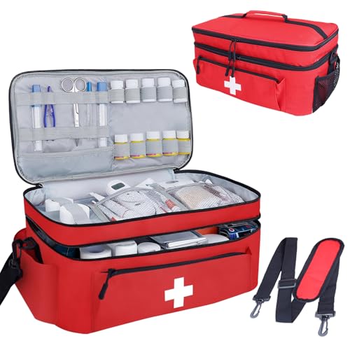 ALSLEA First Aid Bag Empty Large Medical Bag with Shoulder Strap 16”x 9½” x 7” Medicine Organizer Box Travel First Aid kit...