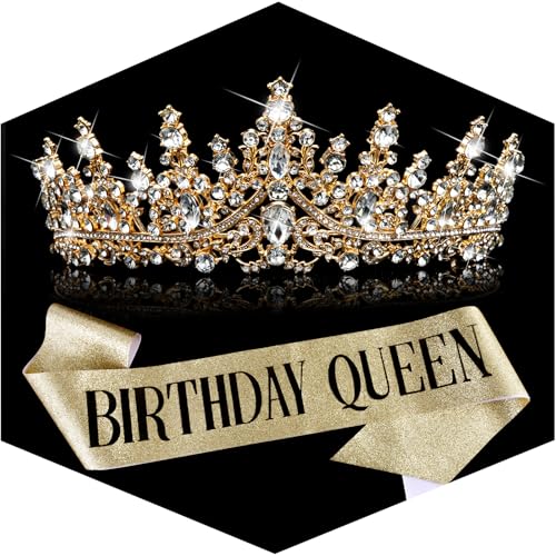 TOBATOBA Birthday Queen Sash and Crown for Women - Gold Rhinestone Tiara and Sash Set for Birthday Decorations Outfits for...