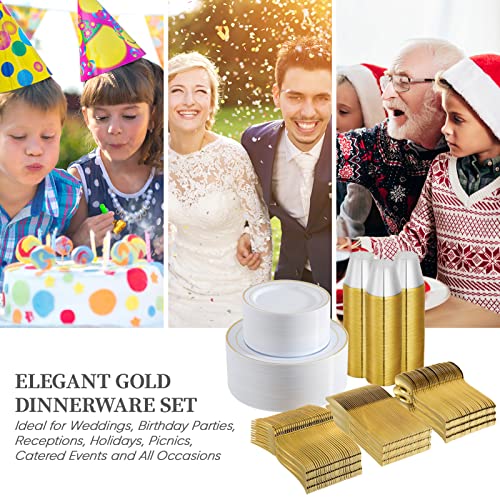 FOCUSLINE 600 Ct Gold Dinnerware Set for 100 Guests - Gold Rimmed Disposable Plastic Plates, Includes 100 Dinner & Salad P...