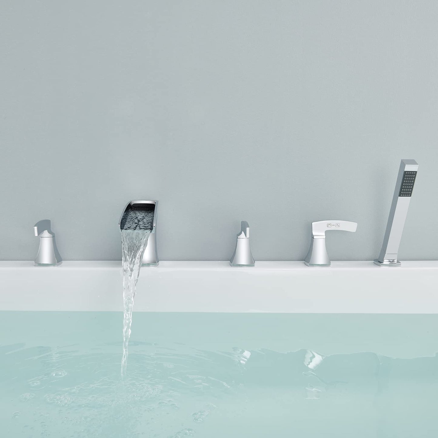 Artiqua Roman Tub Filler Waterfall Tub Faucet Chrome Deck Mount Bathtub Faucets 5 Hole Brass Bathroom Faucets with Hand Shower