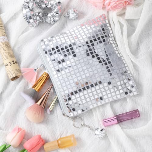 Dplolng Disco Cosmetic Bags, Portable Glitter Sequin Makeup Organizer with Zipper and Disco Ball, Makeup Bags for Bachelor...