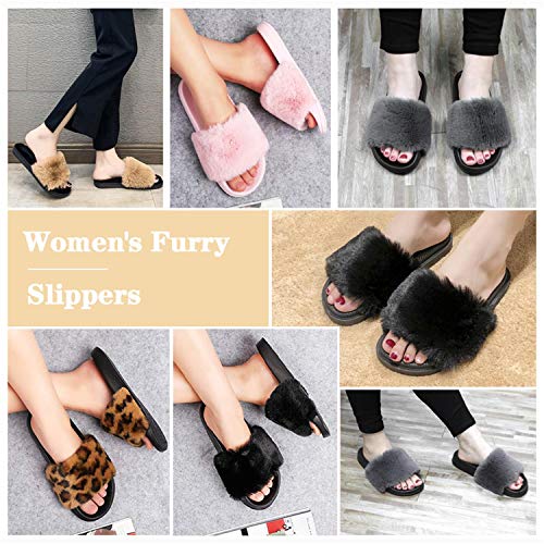 Spesoul Womens Fuzzy Slides Open Toe Furry Slide Slippers Indoor Outdoor Slides Sandals Casual Flat Fluffy House Slippers