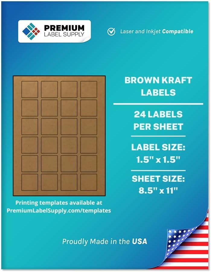 Premium Label Supply Brown Kraft Sticker Square Labels – 1.5" x 1.5" – Laser/Inkjet Compatible – (24 per Sheet), 1000 Sheets – 24,000 Total Adhesive Labels