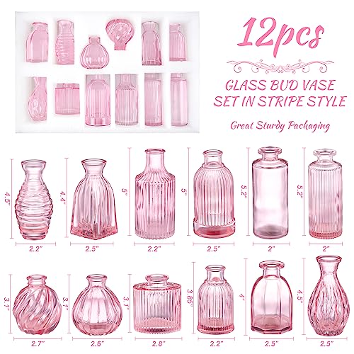 Pink Vase, Bud Vases Set of 12, Small Pink Glass Vases for Flowers Modern Ribbed Glass Bud Vase for Decor Wedding Flower V...