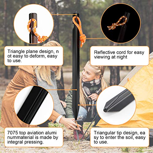10 Pack Heavy Duty Aluminum Tent Stakes with Reflective Pull Ropes, Triangular Ground Pegs