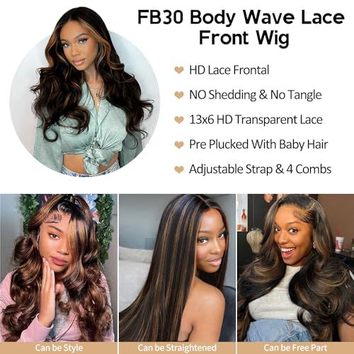 13x6 Body Wave Highlight Lace Front Wig Human Hair FB/30 Ombre Lace Front Wig Human Hair Pre Plucked HD Lace Frontal Wigs Human Hair 200% Density Colored Ombre Wig For Women 26 Inch