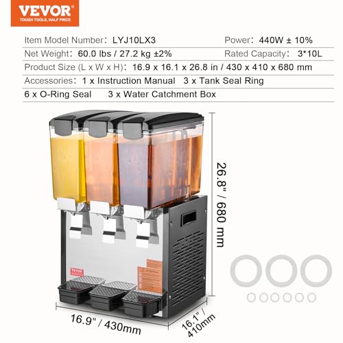 VEVOR Commercial Beverage Dispenser, 3 Tanks 10 L / 10.6 QT Per Tank Juice Dispenser, 440W Stainless Steel Ice Tea Drink M...