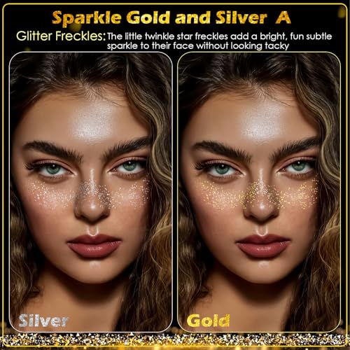 24pcs Gold and Silver Glitter Freckles Face Tattoo, Sparkle Freckles Temporary Face Tattoos, Body Face Glitter Makeup Patc...