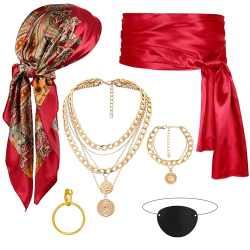 CICOCI Men Pirate Costume Accessories Set for Women: Pirate Hat, Head Scarf, Sash, Belt, Dress Accessories - Gold