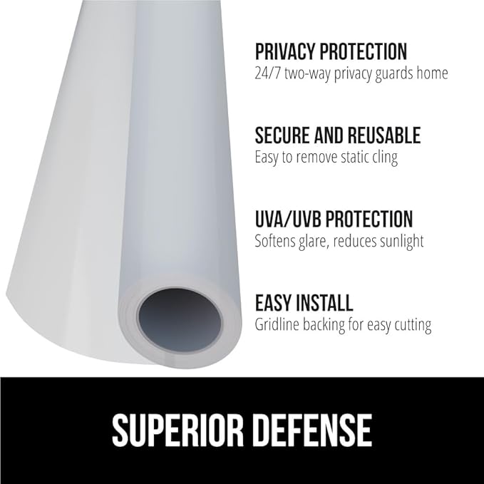 Gorilla Guard Window Privacy Film, Removable Two Way Sun Blocking, 35.4 x 78.7 Inch, Reusable No Residue Stickers, Strong Static Clings to Glass Windows, Decorative Bathroom Door Coverings, White