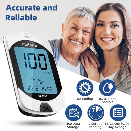 Metene TD-4116 Blood Glucose Monitor Kit, 100 Glucometer Strips, 100 Lancets, 1 Blood Sugar Monitor, Blood Sugar Test Kit ...